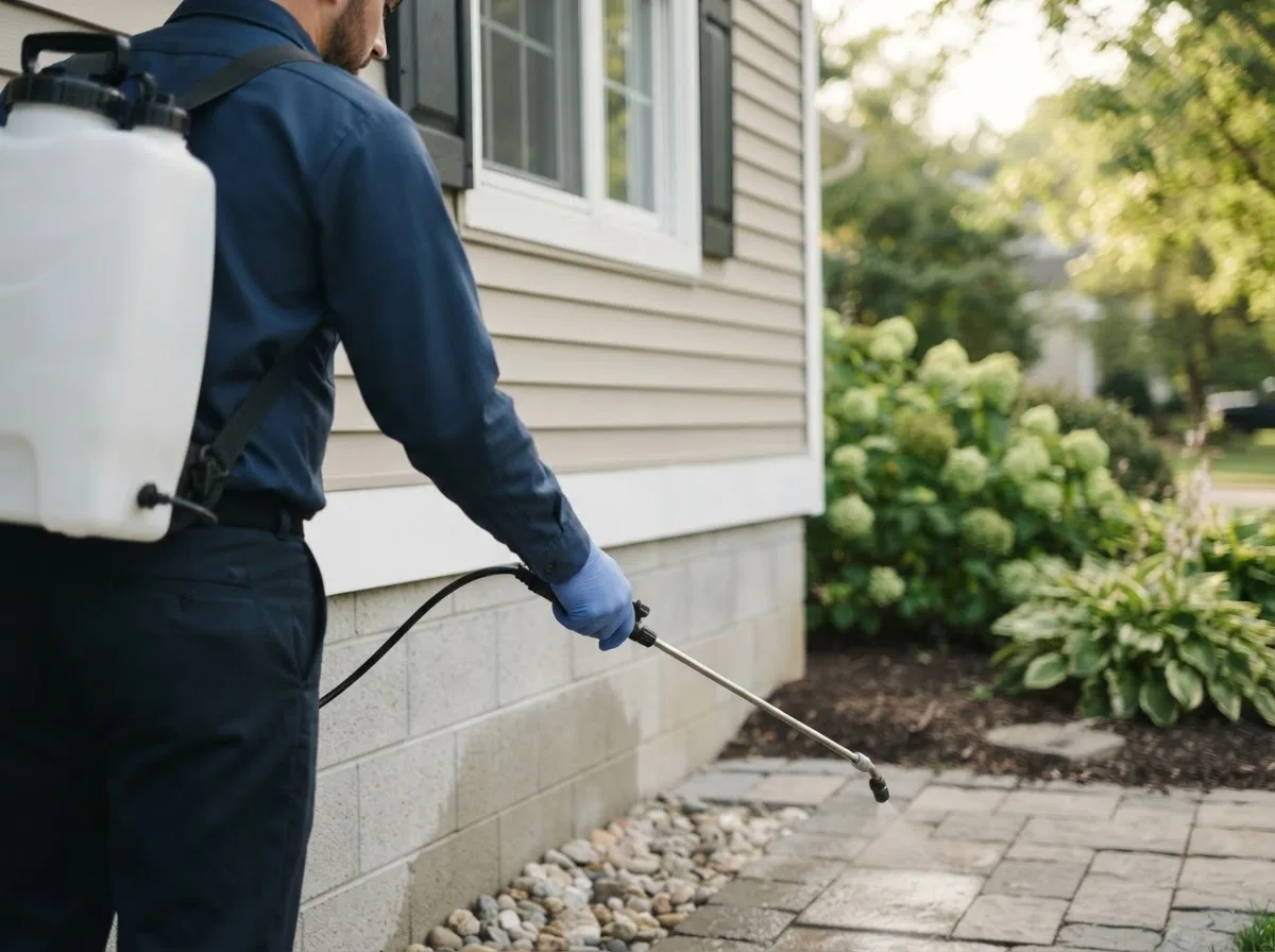 Pest control technician inspecting a home in Cassadaga, NY